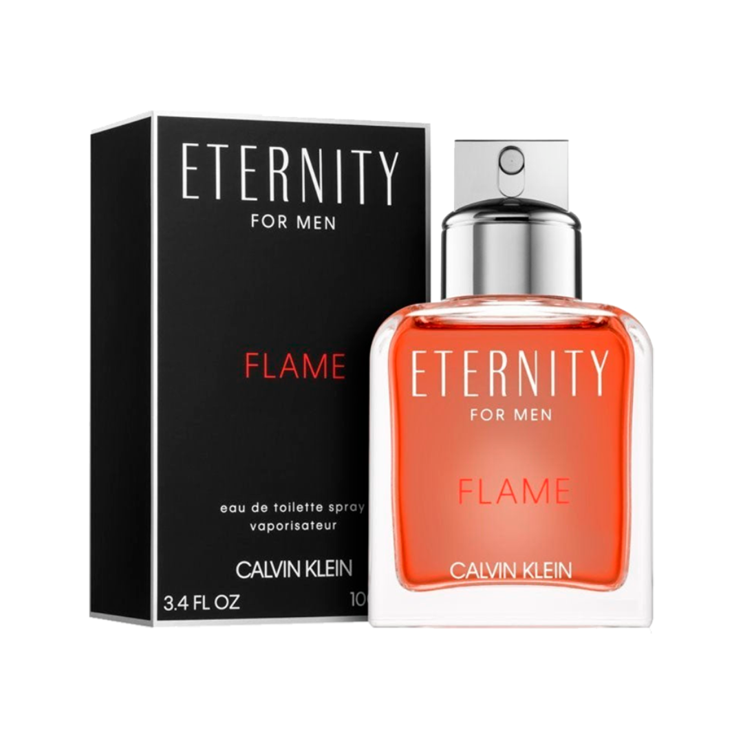 Calvin Klein Eternity Flame Eau De Toilette 3.4 oz bottle, warm fougère oriental fragrance for men.