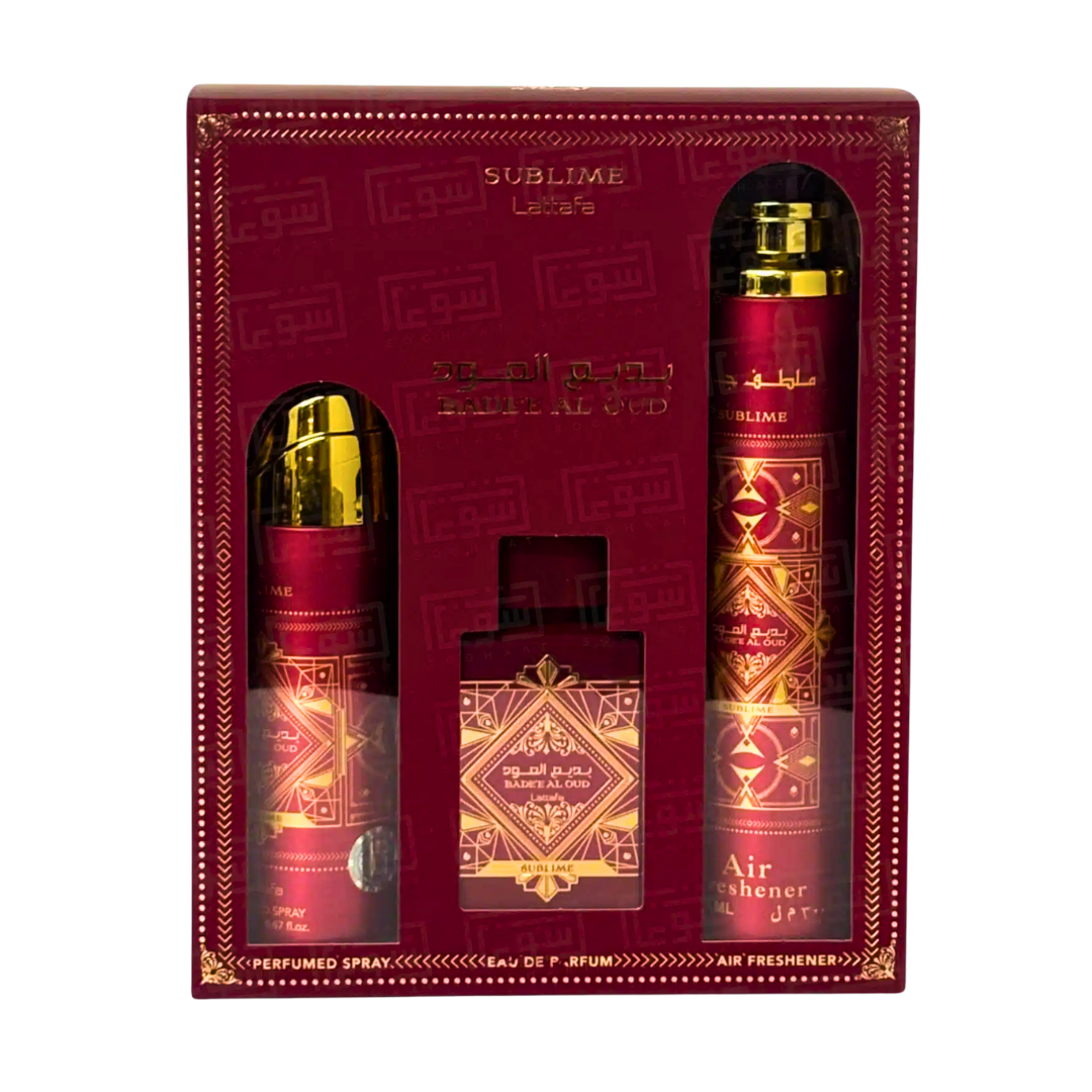 Lattafa Bade'e Al Oud Sublime 3 Piece Gift Set 100 mL EDP + 200 mL Deo + 300 mL Air Freshener