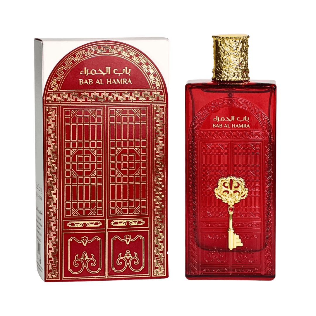Ard Al Zaafaran Bab Al Hamra Eau De Parfum Spray 3.4 oz (100 mL) with decorative red and gold bottle next to packaging box.