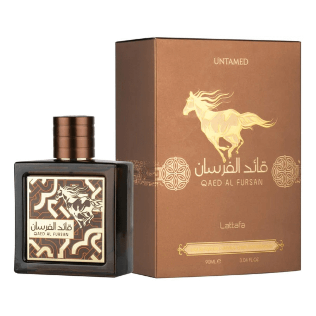 Lattafa Qaed Al Fursan Untamed Eau De Parfum Spray 3.4 oz (100 mL) perfume bottle and packaging