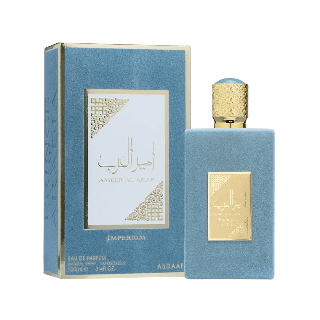 Lattafa Asdaaf Ameer Al Arab Imperium 100 mL (3.4 oz) perfume bottle and packaging, eau de parfum, fragrance packaging.