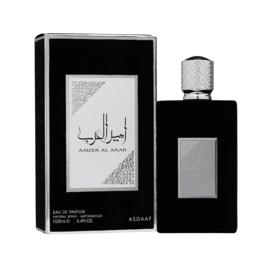 Lattafa Asdaaf Ameer Al Arab Eau De Parfum 3.4 oz (100 mL) black perfume bottle and box packaging.
