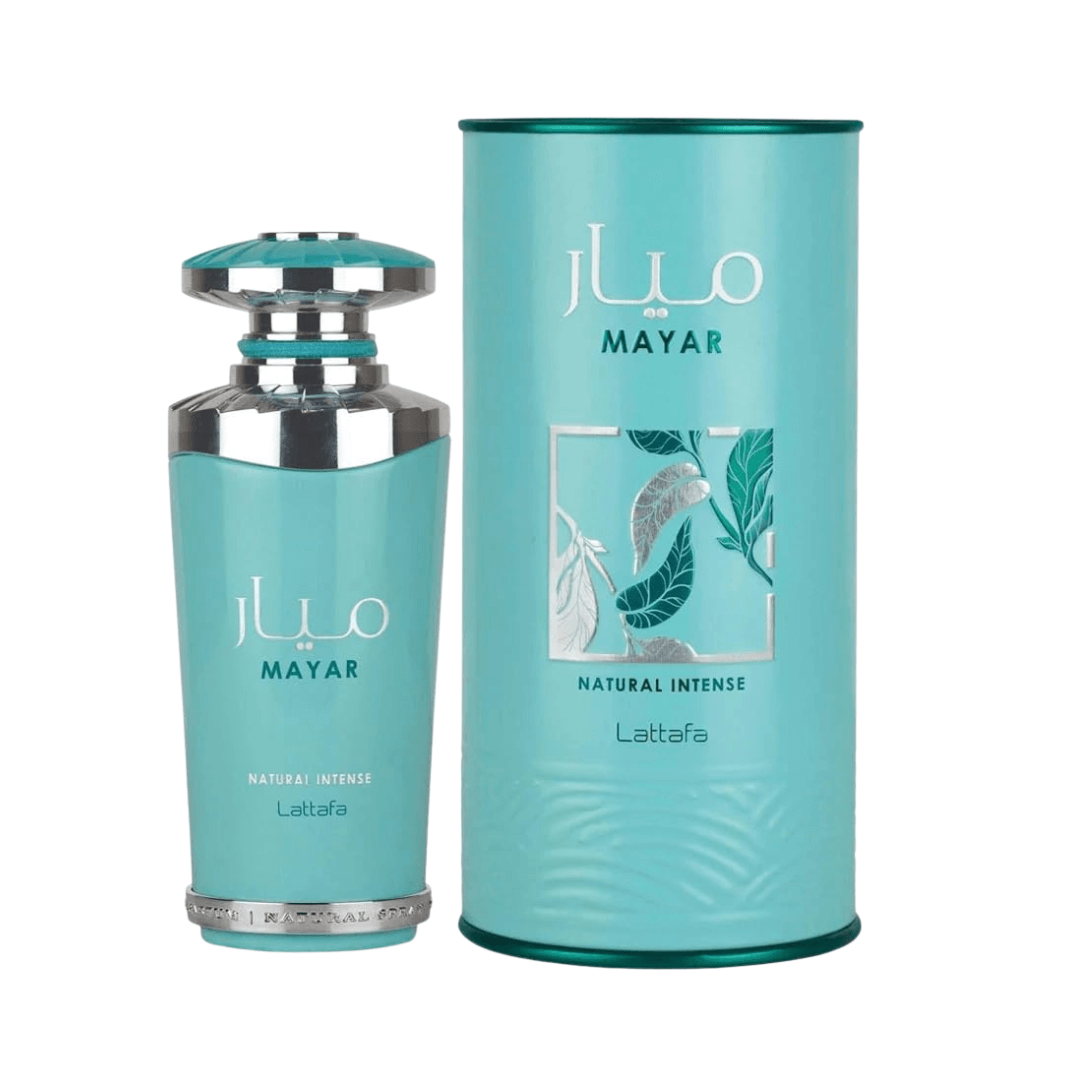 Lattafa Mayar Natural Intense Eau De Parfum Spray 3.4 oz (100 mL) in turquoise bottle and packaging, featuring elegant designs.