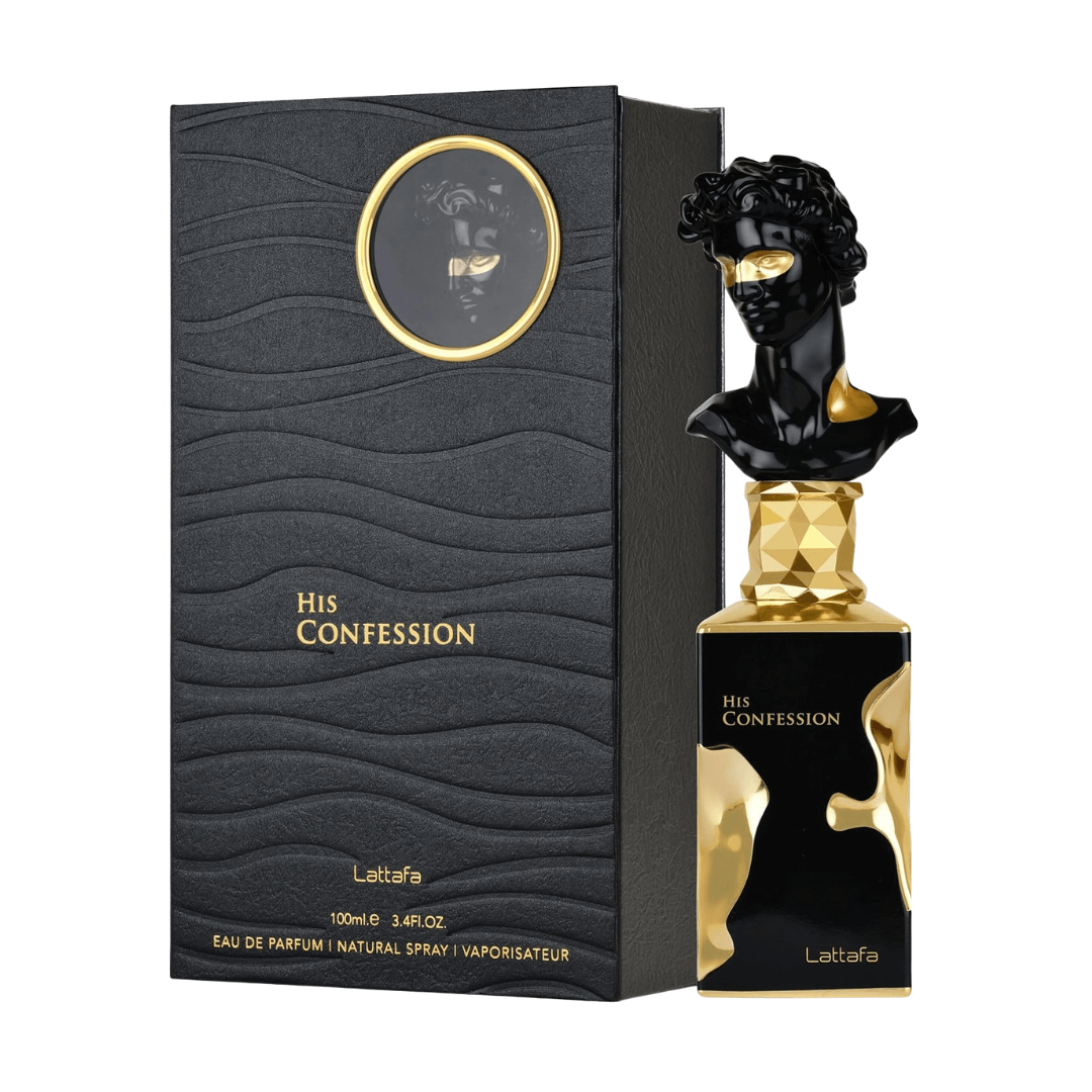 Lattafa His Confession Eau De Parfum Spray for Men 3.4 oz, black and gold perfume bottle next to elegant packaging.