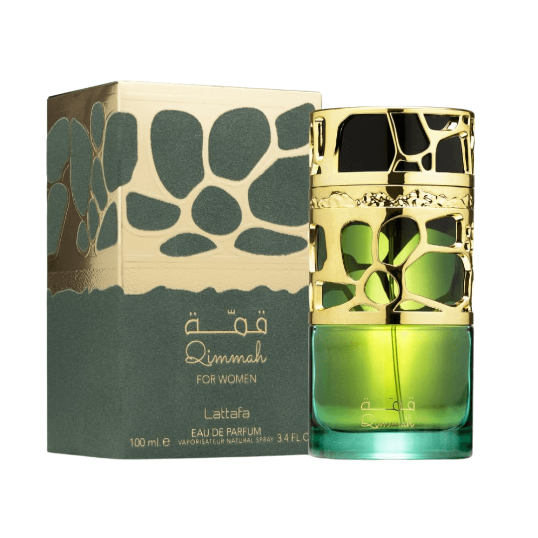 Lattafa Qimmah For Women Eau De Parfum Spray 3.4 oz (100 mL) perfume bottle with box, elegant fragrance packaging