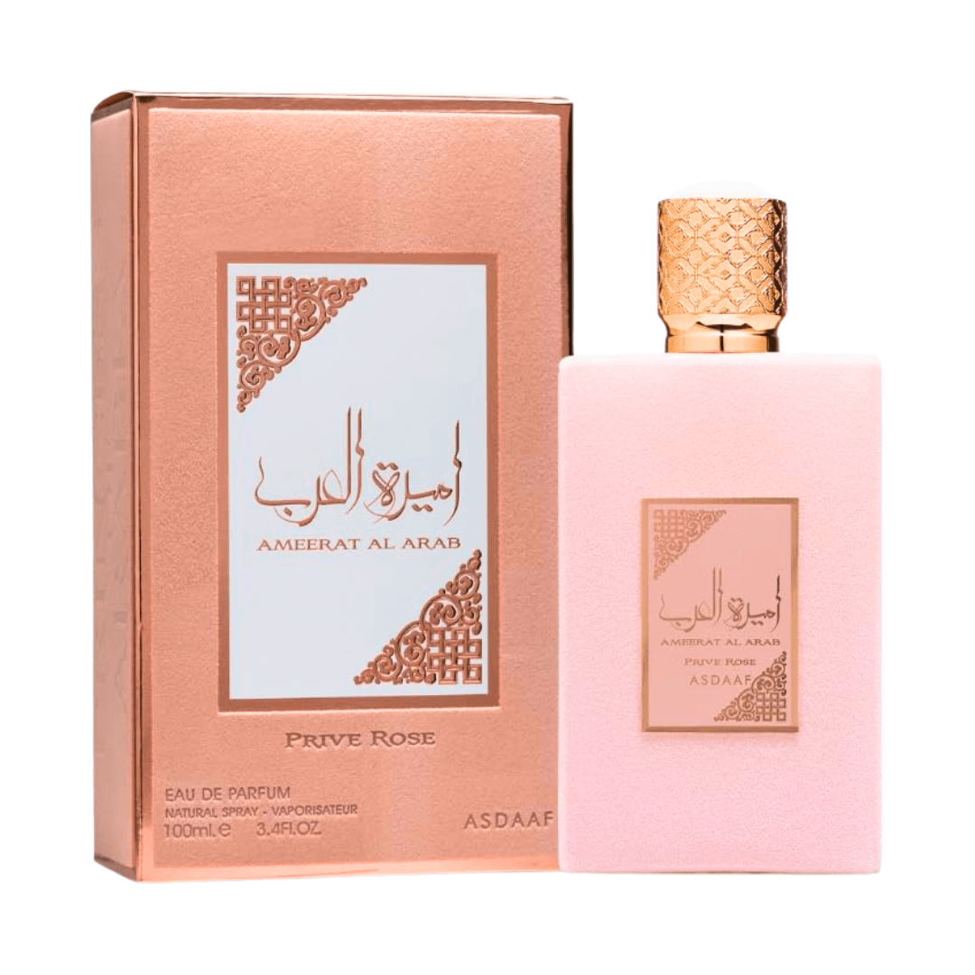 Lattafa Asdaaf Ameerat Al Arab Prive Rose EDP 3.4 oz (100 mL) perfume bottle with packaging