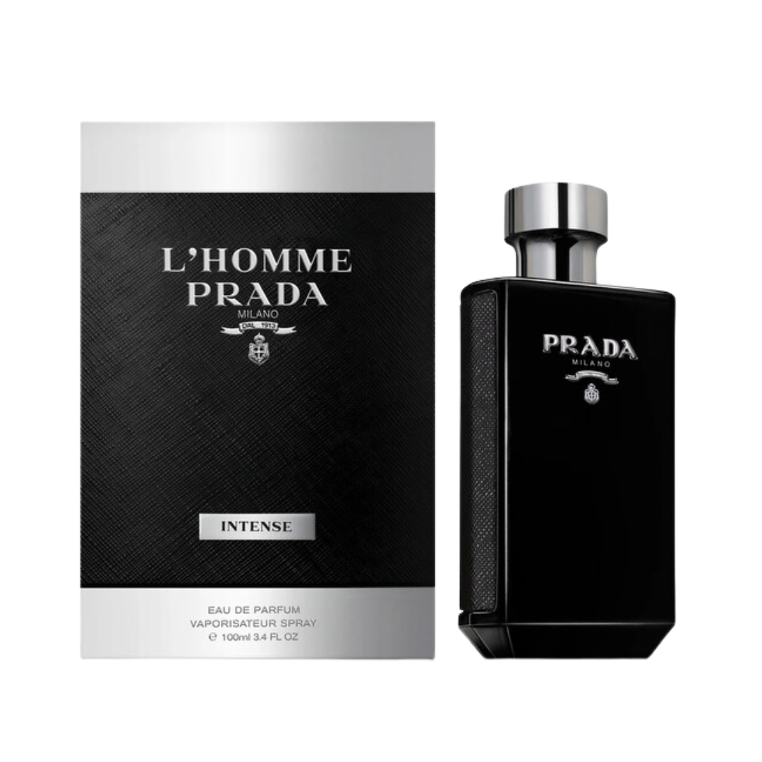 Prada L'Homme Intense Eau de Parfum 3.4 oz for men, amber woody fragrance