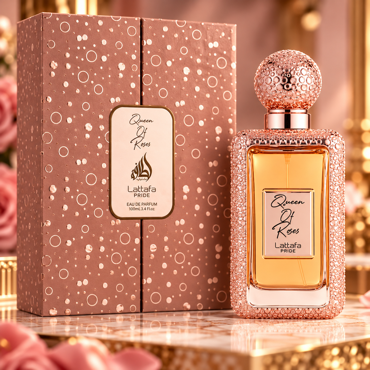Lattafa Pride Queen of Roses Eau de Parfum bottle and box in an elegant rose gold setting