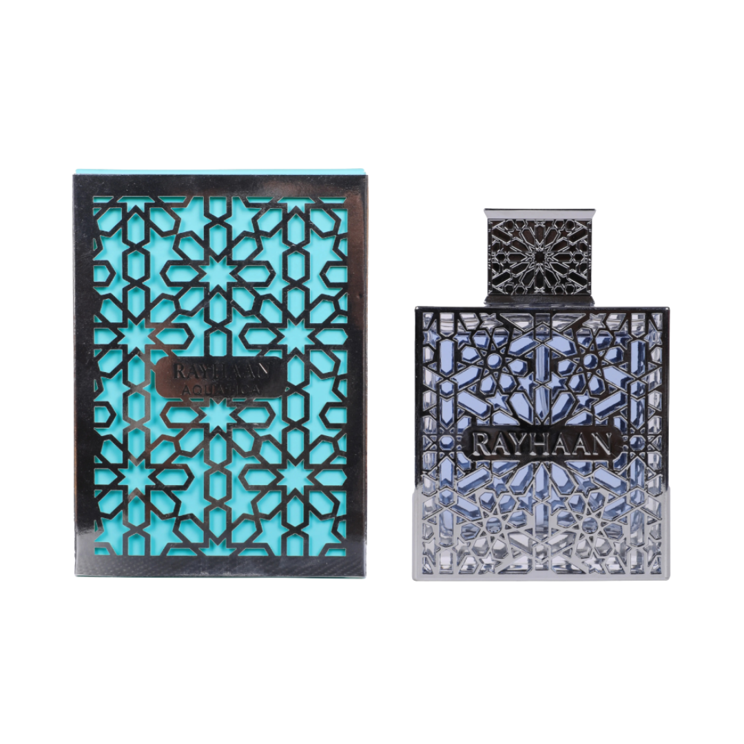 Shop Rayhaan Aquatica Eau de Parfum for Men 3.4 oz / 100 mL for wholesale. Tropical citrus fragrance with coconut milk, lime, jasmine, sugar cane, tonka bean and rum.