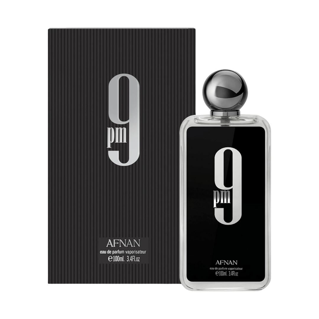 Afnan 9 PM Eau De Parfum Spray for Men 3.4 oz (100 mL) perfume bottle and packaging, fragrance for men, eau de parfum.