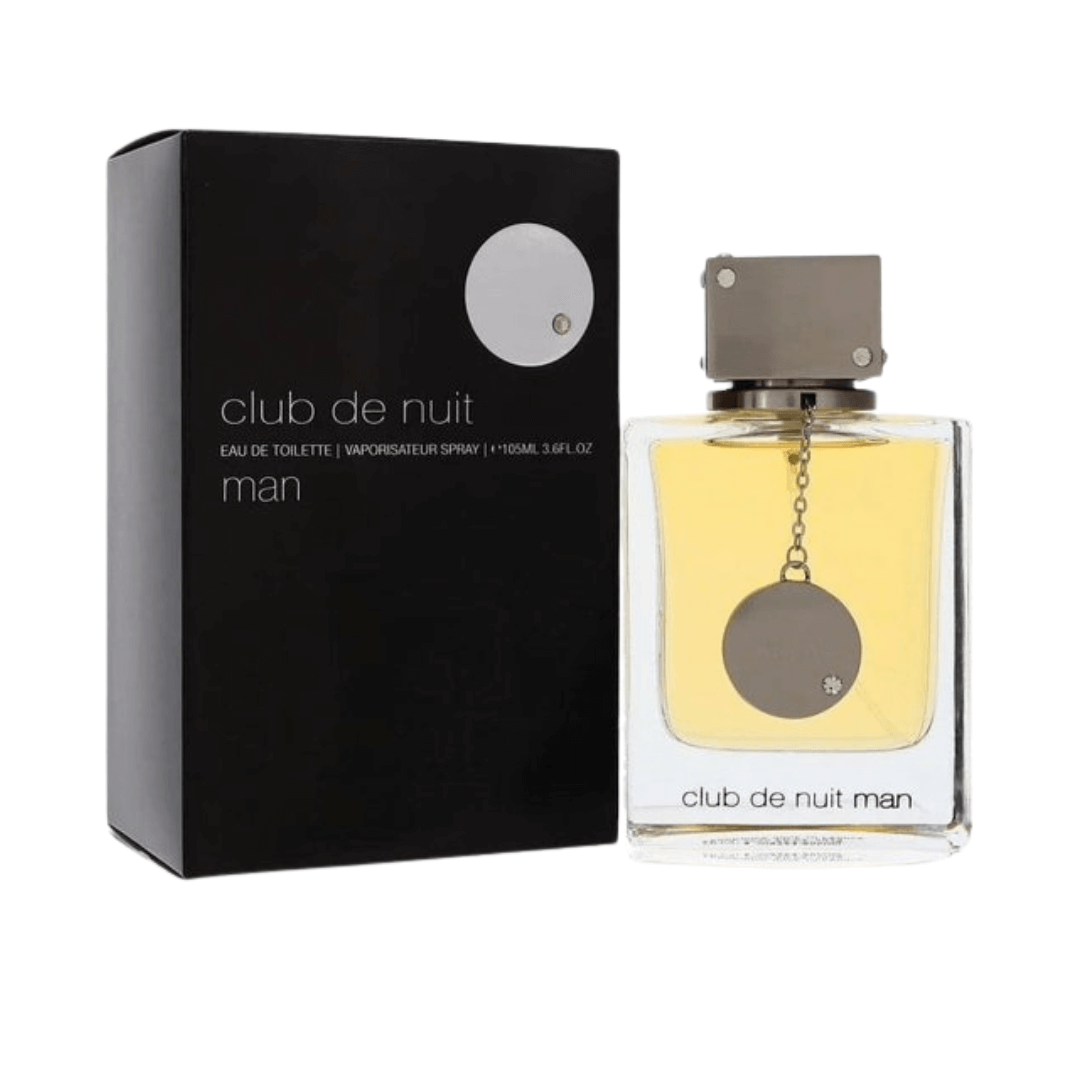 Armaf Club De Nuit Eau De Toilette Spray for Men, 3.6 oz (105 mL) perfume bottle next to black fragrance packaging