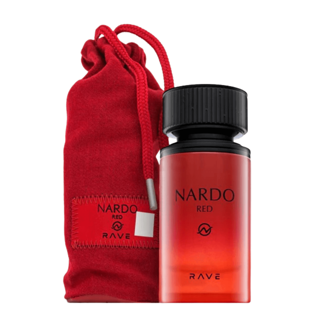 Lattafa Rave Nardo Red Unisex Eau De Parfum Spray, 3.4 fl oz (100 mL) with red pouch, perfume bottle, fragrance packaging