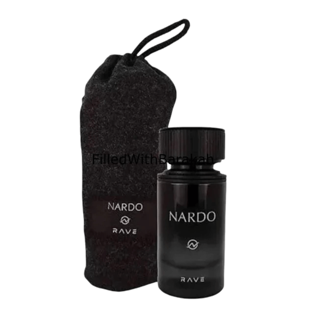 Lattafa Rave Nardo Black Eau De Parfum Spray, 3.4 fl oz (100 mL) perfume bottle with packaging