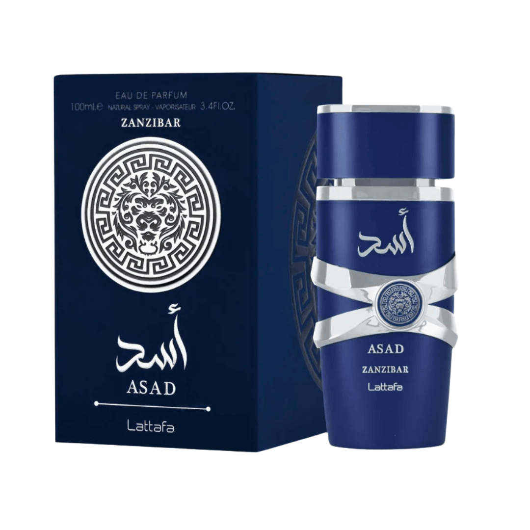 Lattafa Asad Zanzibar Eau De Parfum Spray for Men, 3.4 fl oz (100 mL) perfume bottle and packaging