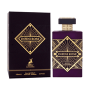 Maison Alhambra Infini Rose Eau De Parfum Spray, 3.4 fl oz (100 mL) purple perfume bottle with box, elegant fragrance packaging.