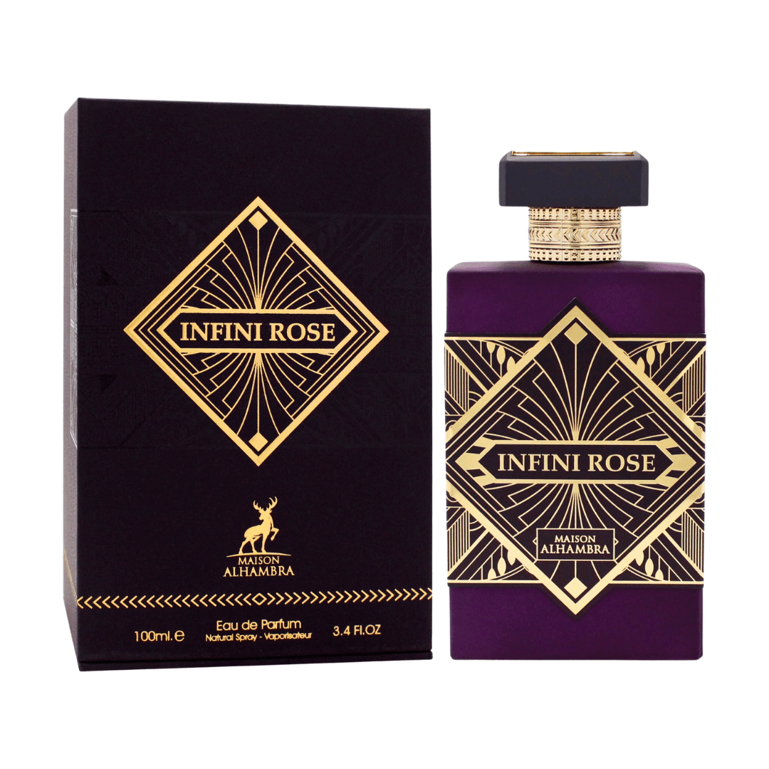 Maison Alhambra Infini Rose Eau De Parfum Spray, 3.4 fl oz (100 mL) purple perfume bottle with box, elegant fragrance packaging.