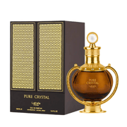 Lattafa Pride Pure Crystal Eau De Parfum Spray, 3.4 fl oz (100 mL) perfume bottle with elegant gold details and box packaging
