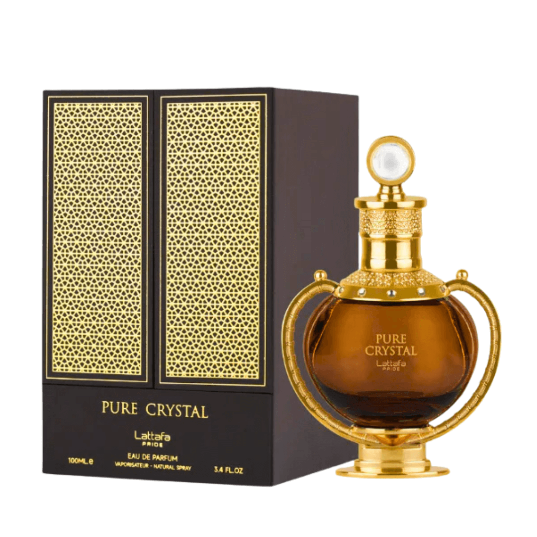 Lattafa Pride Pure Crystal Eau De Parfum Spray, 3.4 fl oz (100 mL) perfume bottle with elegant gold details and box packaging
