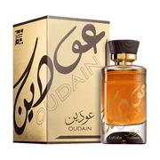 Lattafa Oudain Eau De Parfum Spray, 3.4 fl oz (100 mL) perfume bottle with packaging