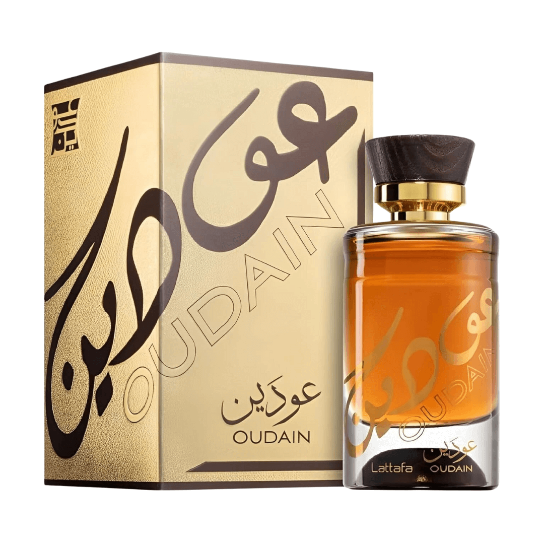 Lattafa Oudain Eau De Parfum Spray, 3.4 fl oz (100 mL) perfume bottle with packaging