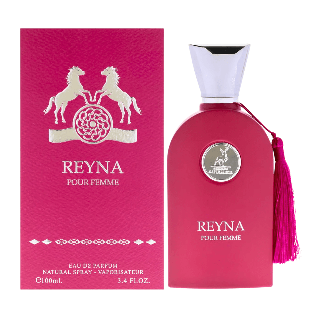 Maison Alhambra Reyna Pour Femme Eau De Parfum Spray, 3.4 fl oz (100 mL) bottle and packaging with pink design.