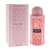 Lattafa Rave Now Women Eau De Parfum Spray, 3.4 fl oz (100 mL) perfume bottle and packaging.