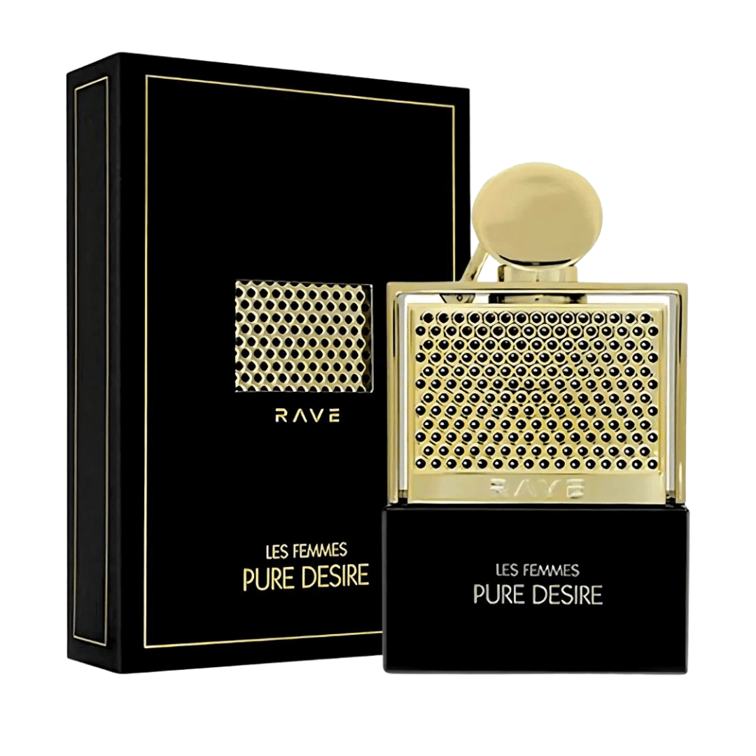 Lattafa Rave Les Femmes Pure Desire Eau De Parfum, 3.4 fl oz (100 mL) perfume bottle with packaging