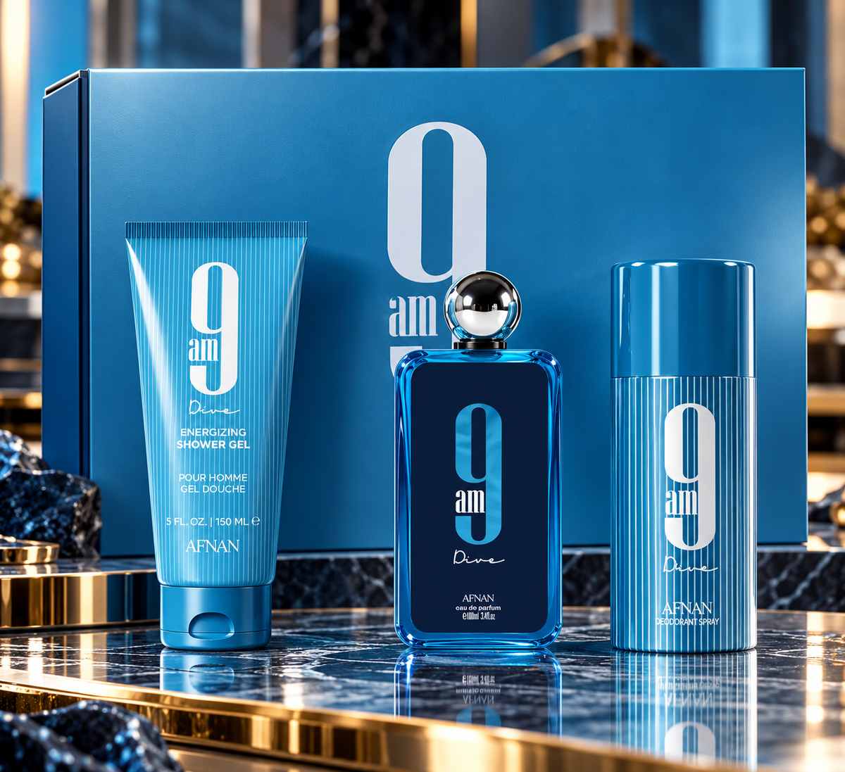 Afnan 9AM Dive 3 piece gift set with Eau de Parfum, shower gel and deodorant spray in a blue luxury setting