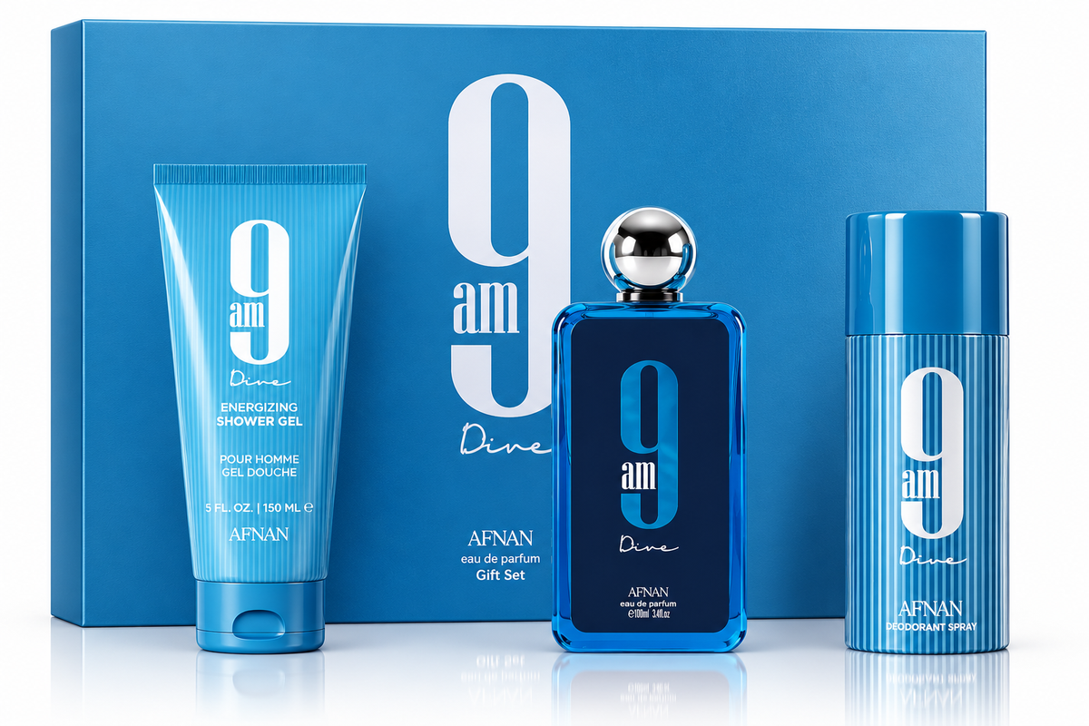 Afnan 9AM Dive 3 piece gift set with Eau de Parfum, shower gel and deodorant spray