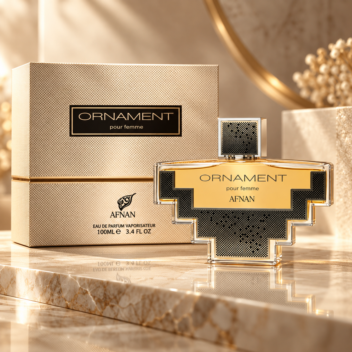 Afnan Ornament Pour Femme Eau de Parfum for Women bottle and box in an elegant gold luxury setting