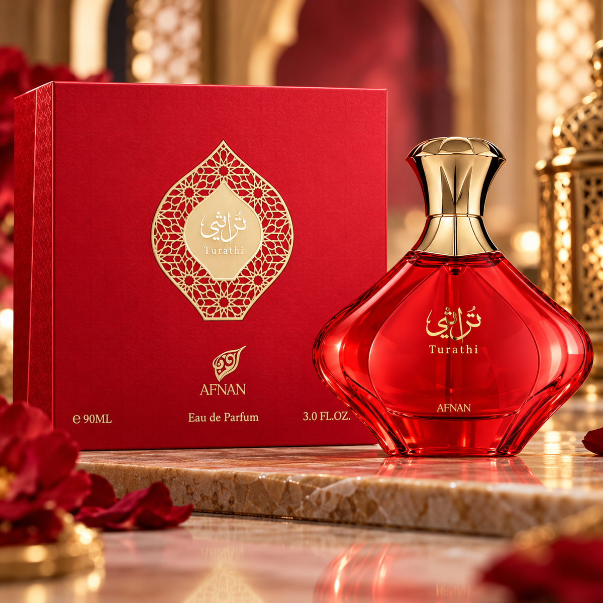 Afnan Turathi Eau de Parfum for Women bottle and box in an elegant red and gold luxury setting