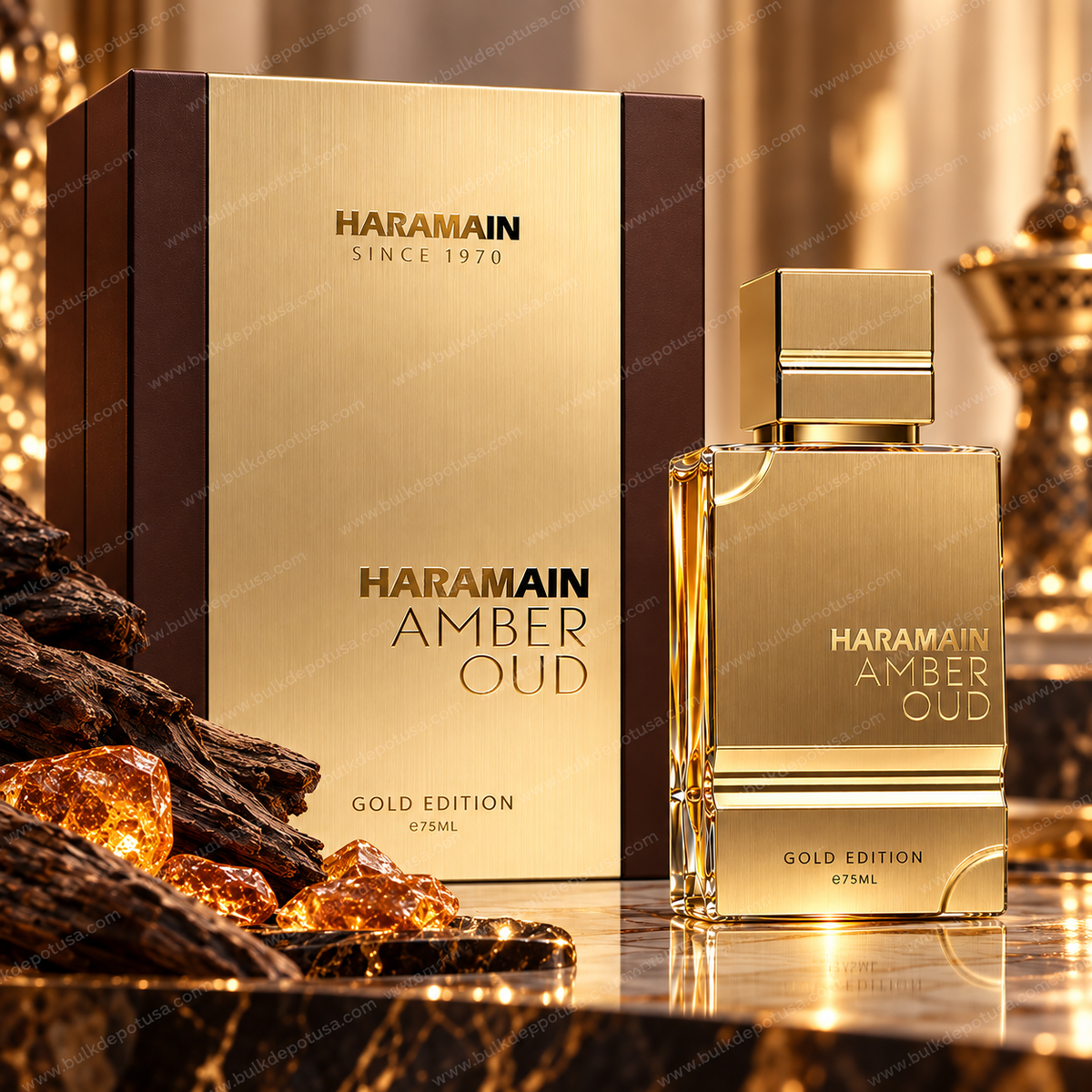 Al Haramain Amber Oud Gold Edition EDP Spray 2.5 oz Unisex Fragrance elegantly displayed with luxurious packaging.