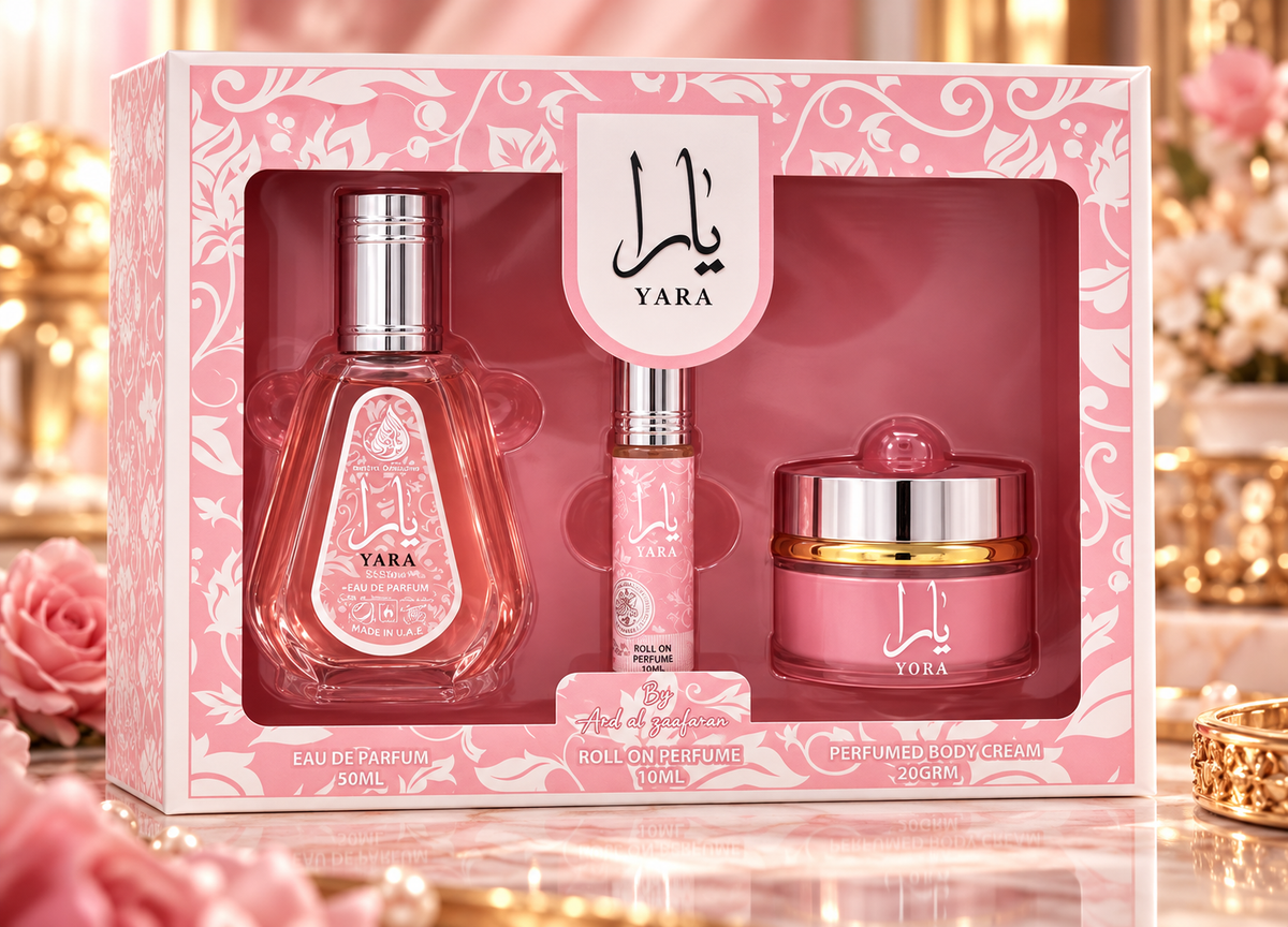 Ard Al Zaafaran Yara 3-piece gift set for women with 50 mL Eau de Parfum, 10 mL roll-on perfume and 20 g body cream