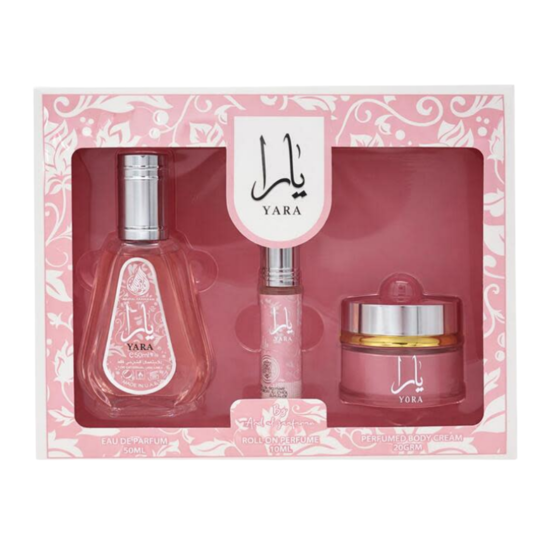Ard Al Zaafaran Yara 3-piece gift set for women with 50 mL Eau de Parfum, 10 mL roll-on and 20 g body cream