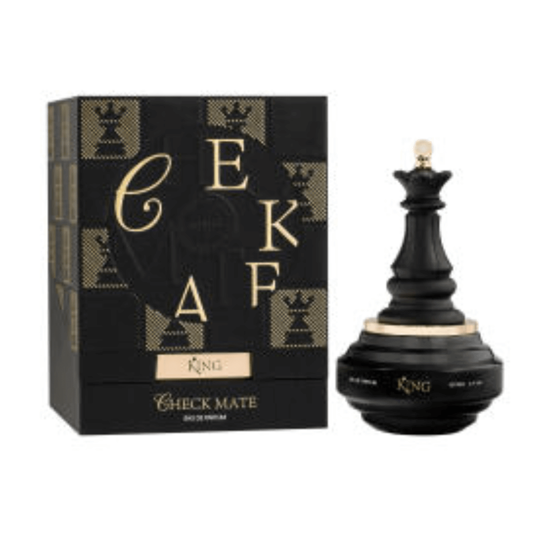 Armaf Checkmate King Perfume Spray, 100 mL (3.4 fl oz) bottle and packaging, eau de parfum, fragrance packaging, body spray display.