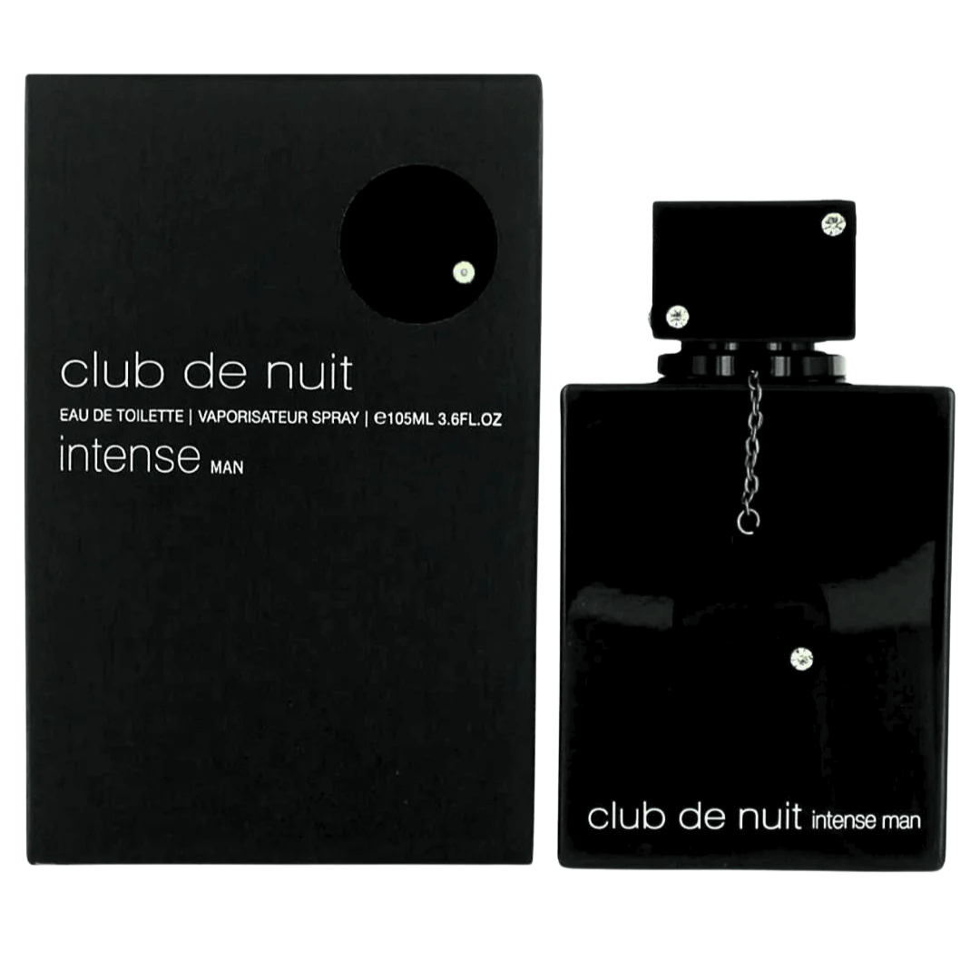 Armaf Club De Nuit Intense Man Perfume Spray, 105 mL (3.6 fl oz) bottle and packaging, eau de parfum, fragrance packaging.