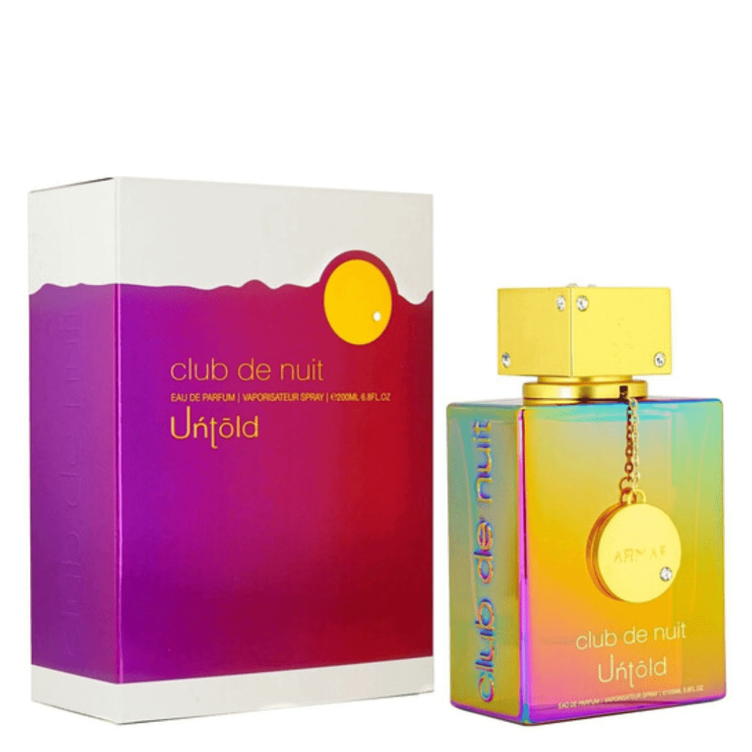 Armaf Club De Nuit Red Untold Perfume Spray, 105 mL (3.6 fl oz) in colorful fragrance packaging with gold cap.