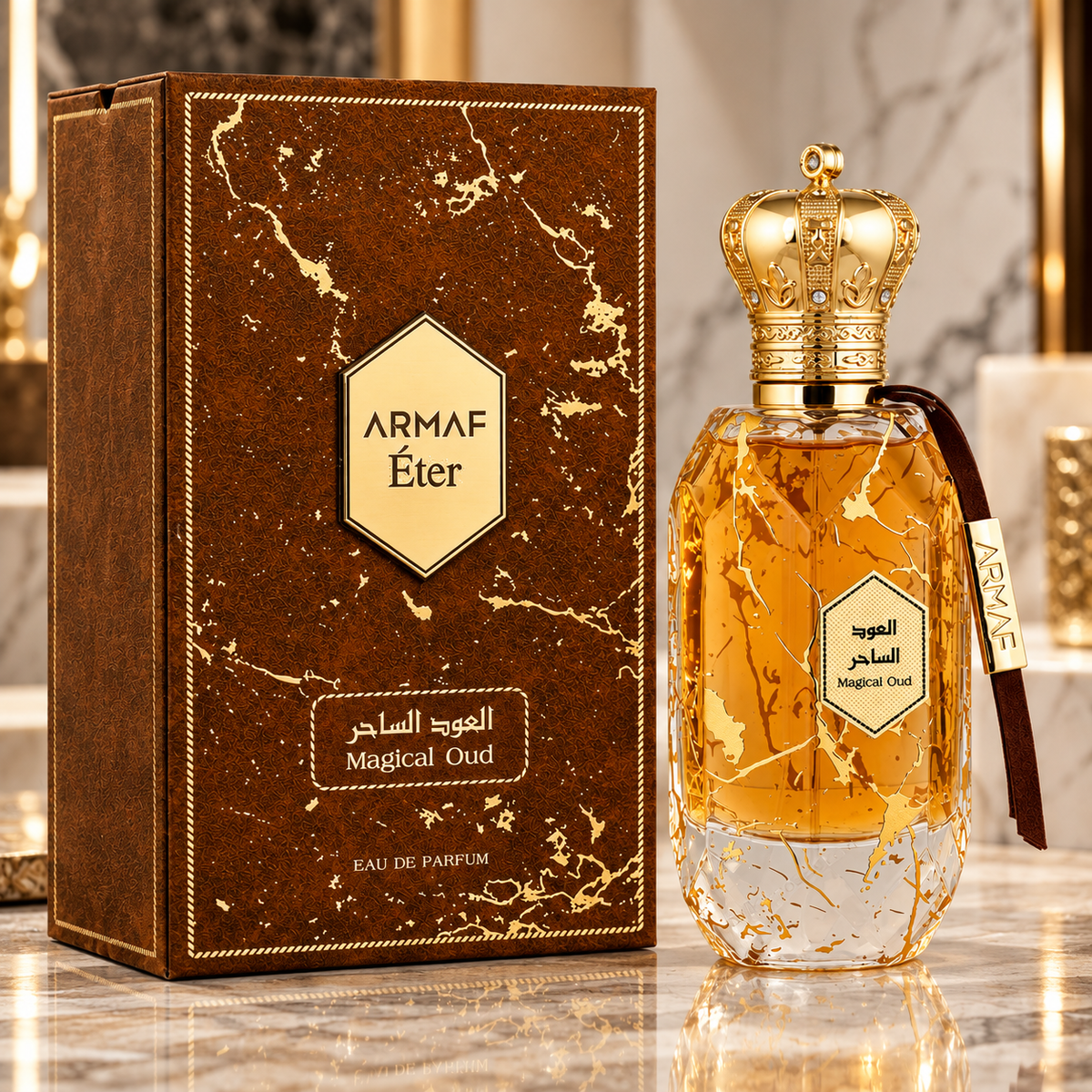 Armaf Eter Magical Oud EDP Unisex 100 mL / 3.4 oz. elegant bottle and packaging displayed on a marble surface.