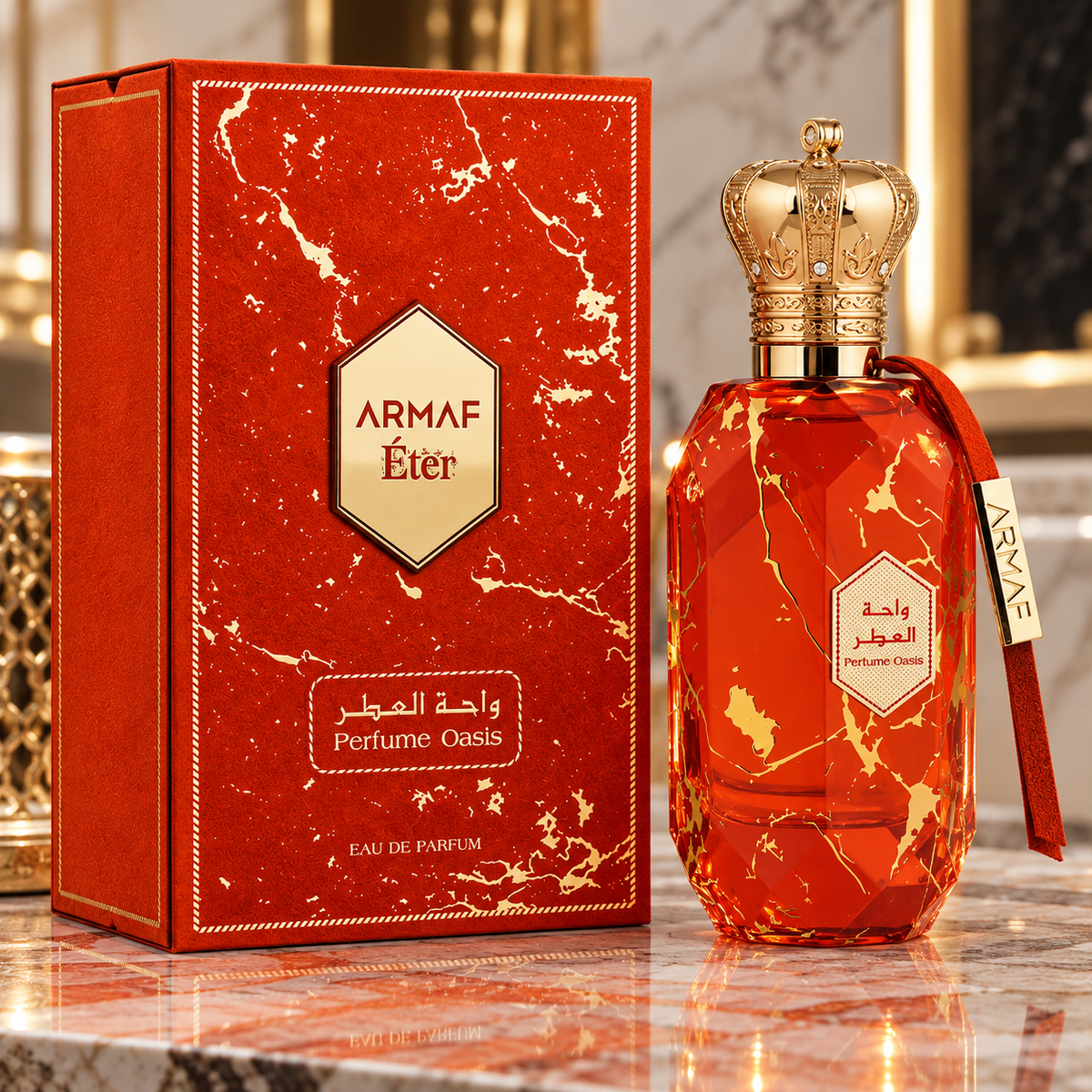 Armaf Eter Perfume Oasis EDP for Women 100 mL / 3.4 oz bottle and box on a marble surface.