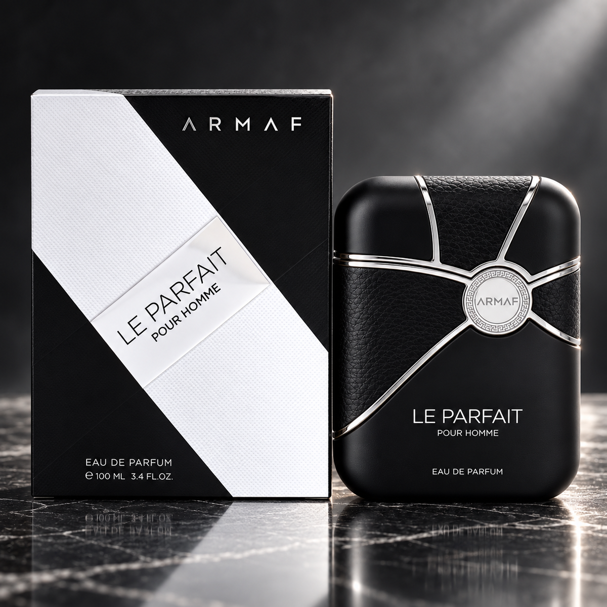 Armaf Le Parfait Pour Homme Eau de Parfum bottle and box in a black and silver luxury setting