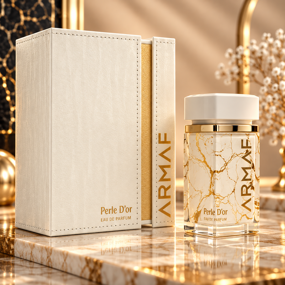 Armaf Perle D'Or Eau de Parfum for Women bottle and box in an elegant ivory and gold setting