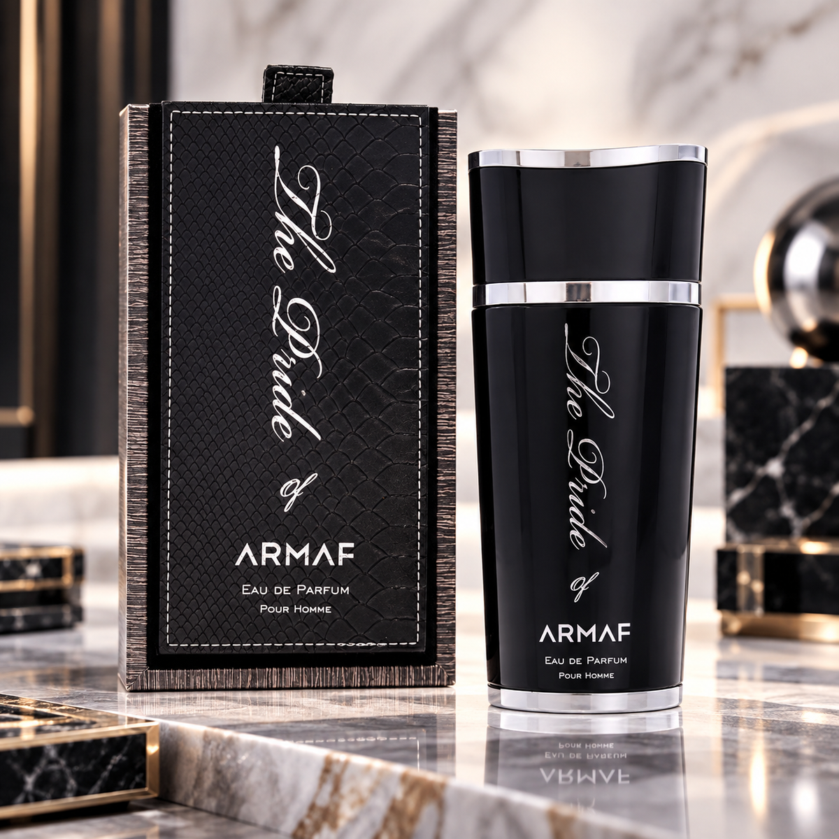Armaf The Pride of Armaf Eau de Parfum for Men bottle and box in a luxury setting