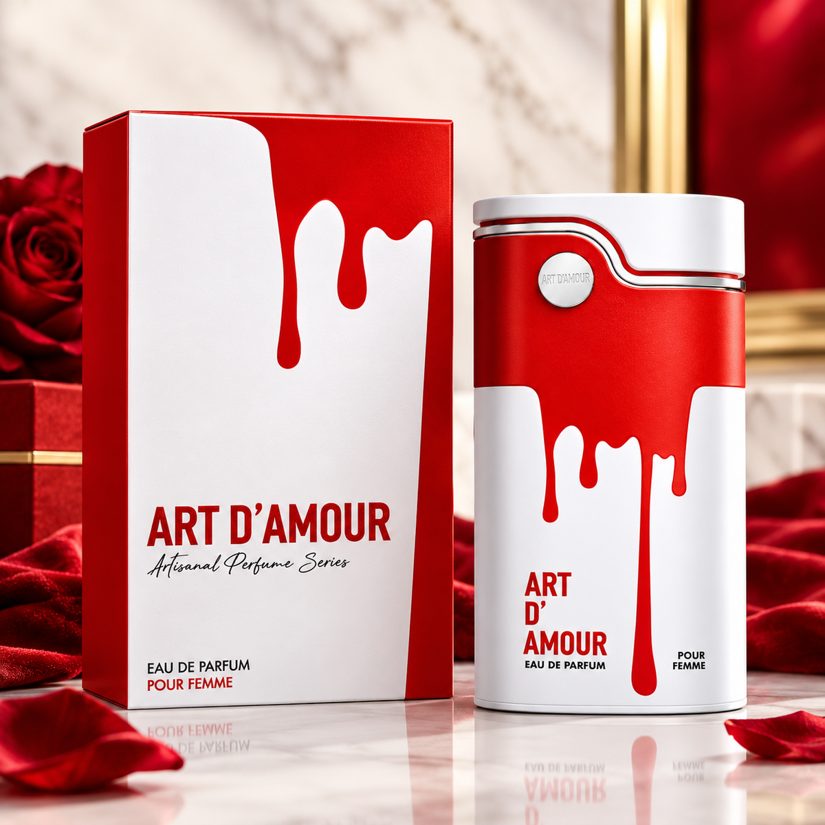 Art D'Amour Pour Femme Eau de Parfum bottle and box on a white background