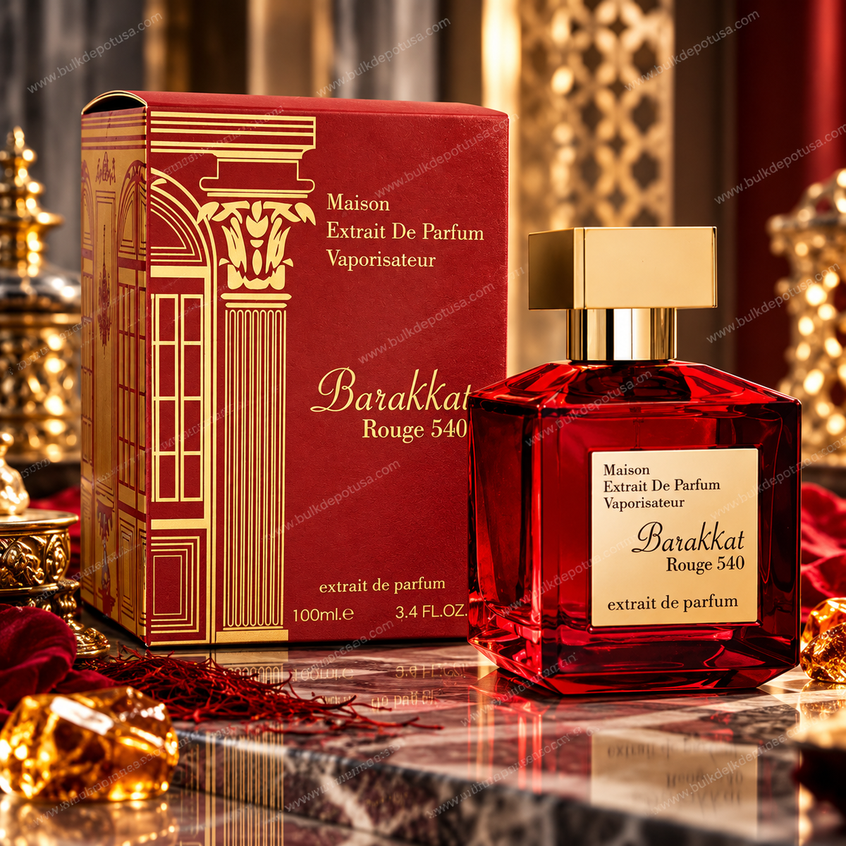 Fragrance World Barakkat Rouge 540 Extrait de Parfum bottle and box in a luxury red and gold setting