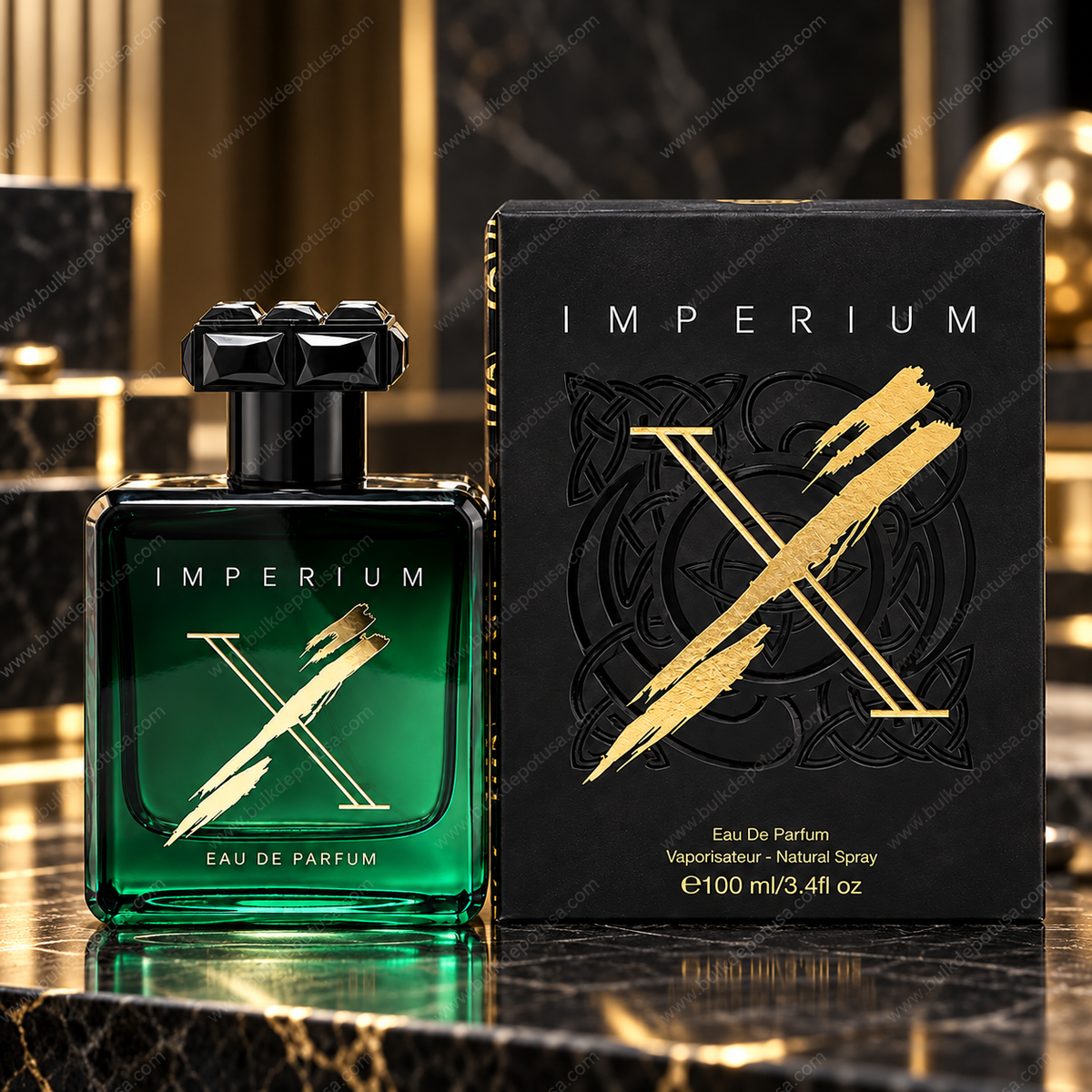Fragrance World Imperium X EDP Unisex 100 mL / 3.4 oz displayed in black and green packaging.