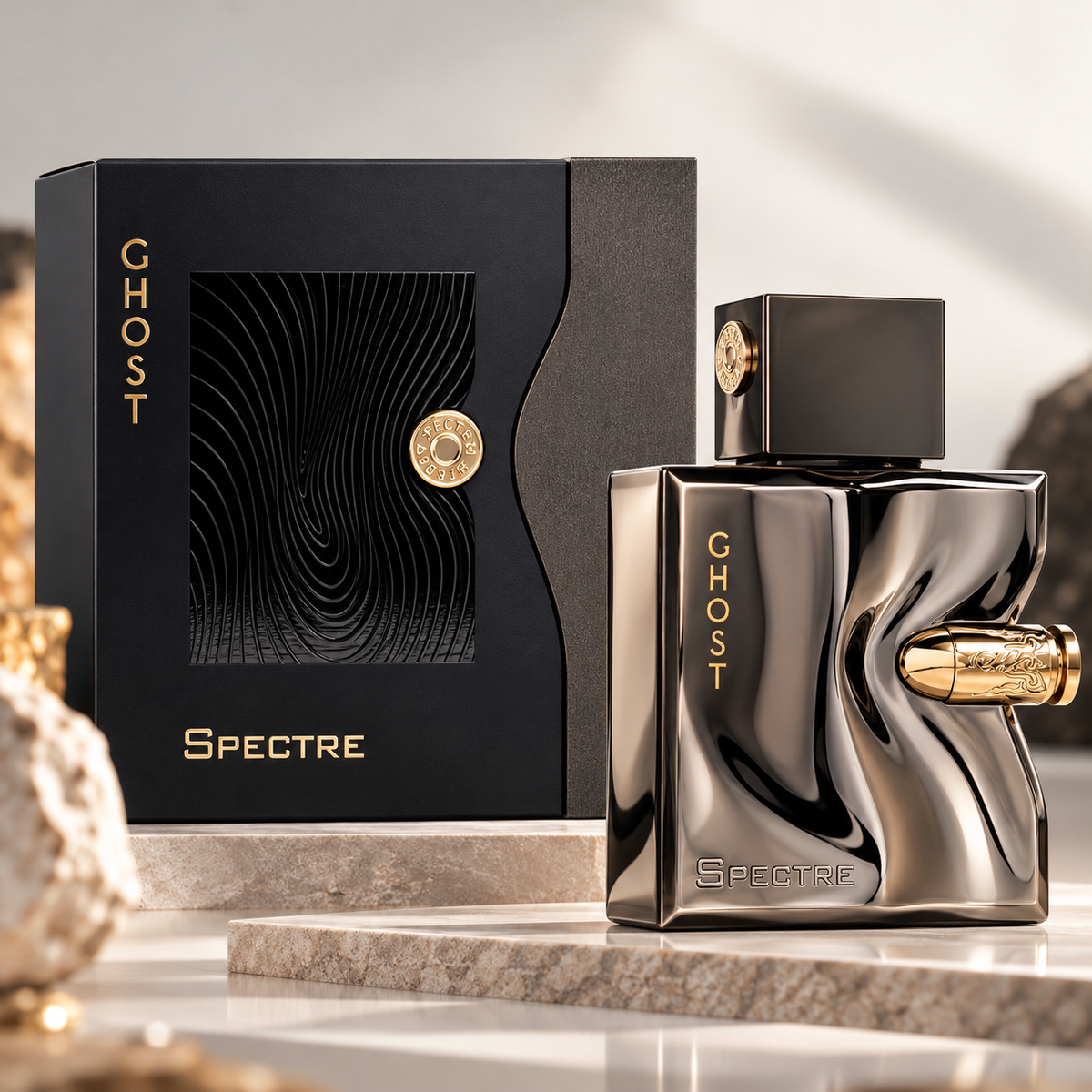 Fragrance World Spectre Ghost Eau de Parfum bottle and box in a dark metallic luxury setting