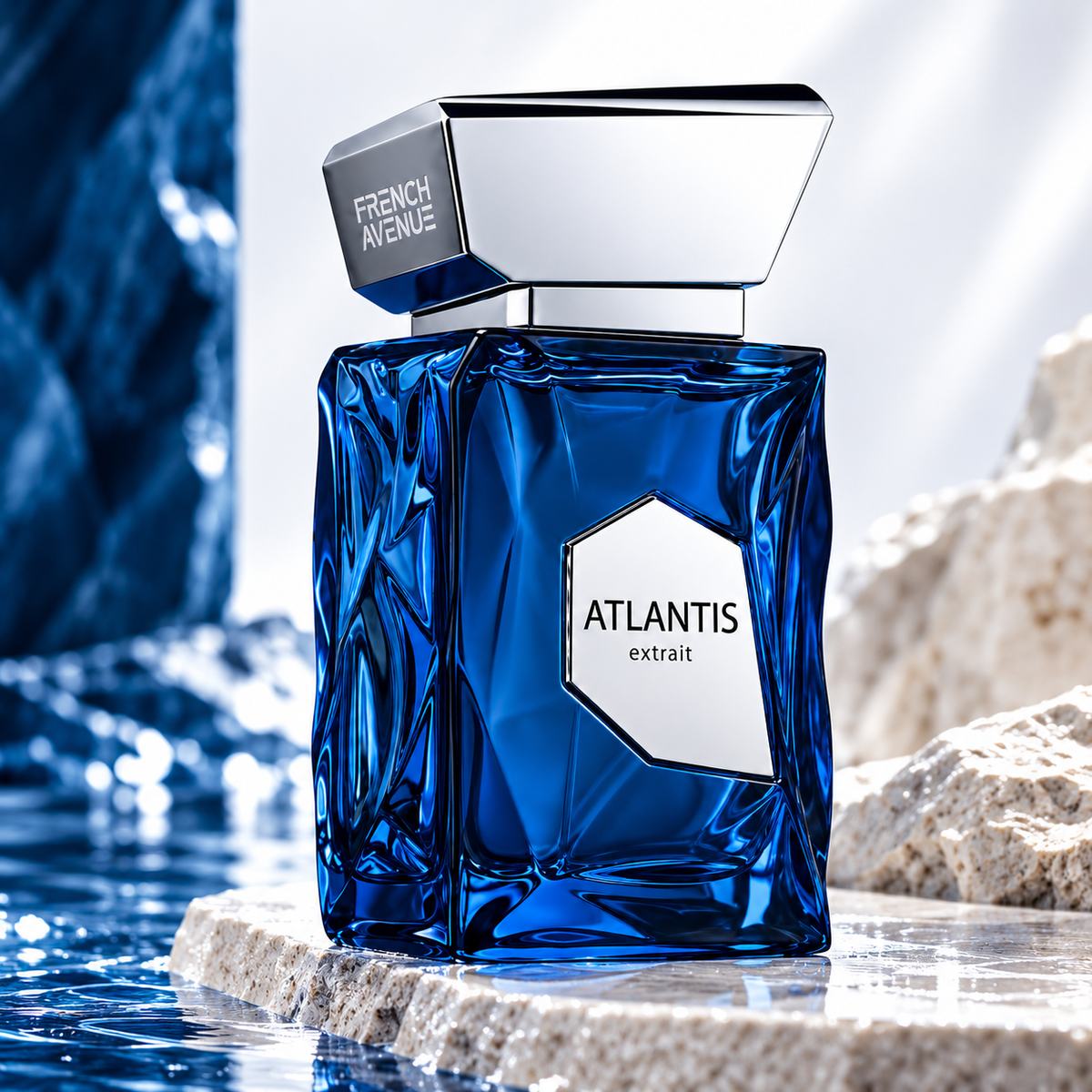 French Avenue Atlantis Extrait Eau de Parfum bottle in a blue aquatic luxury setting