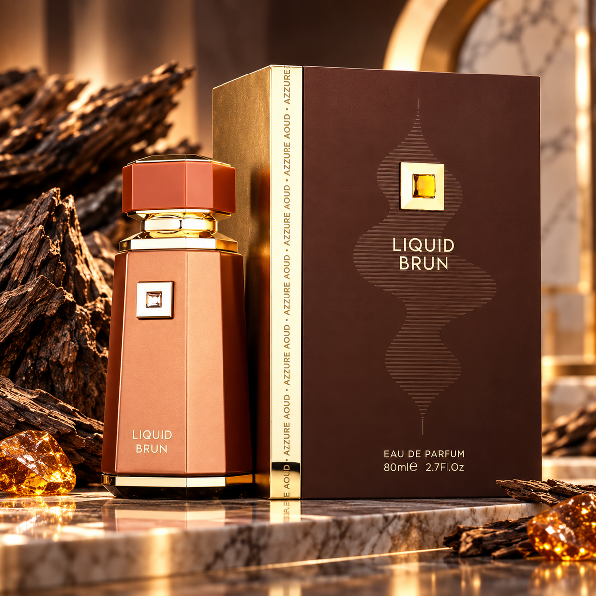 French Avenue Liquid Brun Eau de Parfum bottle and box in a luxury amber setting