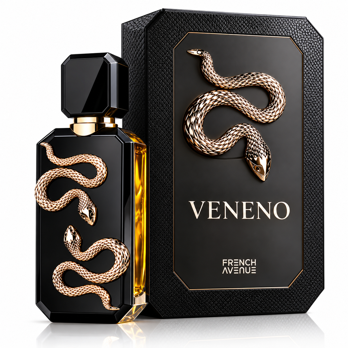 French Avenue Veneno Extrait de Parfum bottle and box in a black and gold luxury setting