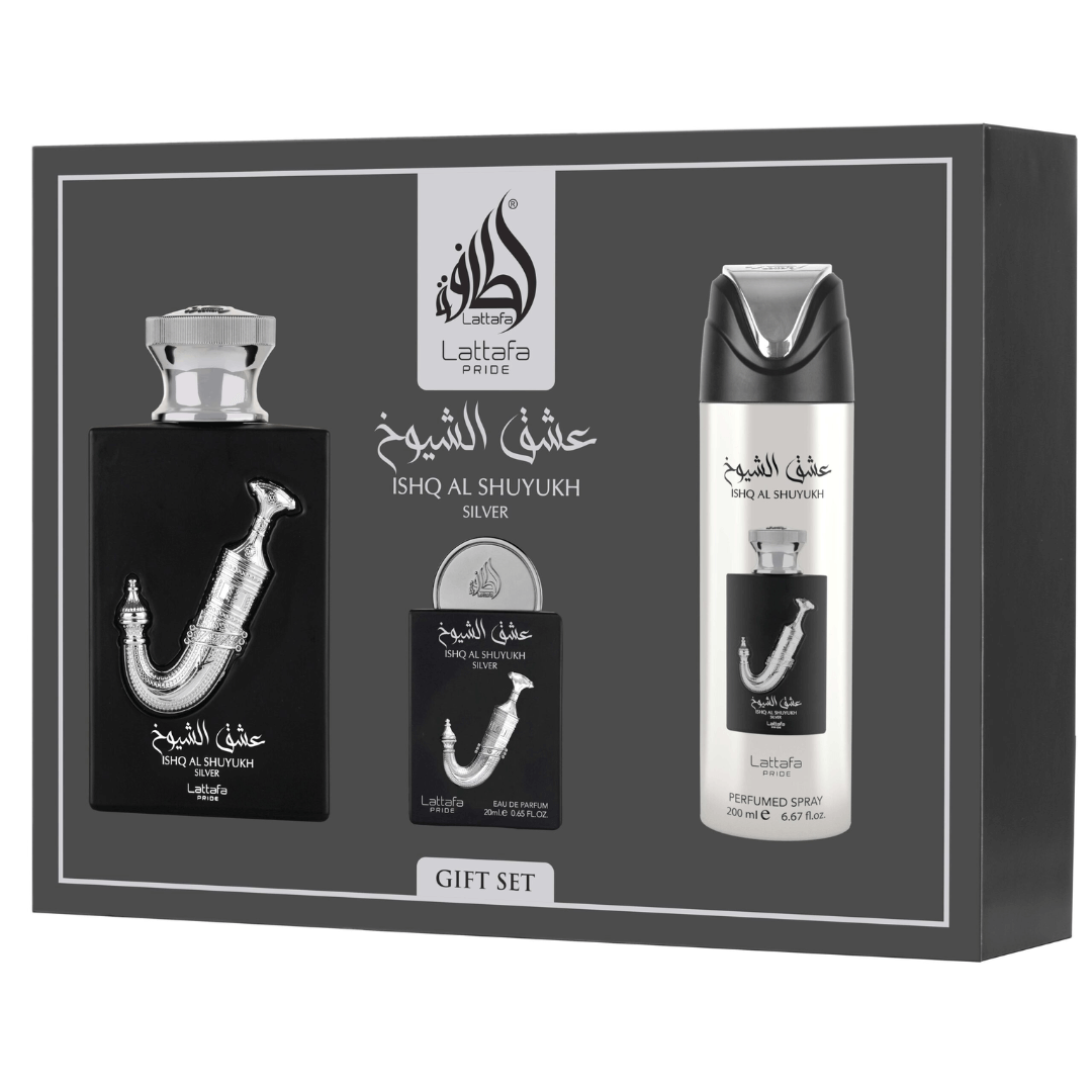 Lattafa Pride Ishq Al Shuyukh Silver Gift Set – Eau de Parfum 100 mL + Perfume Spray 200 mL + Pocket Perfume 20 mL in packaging.